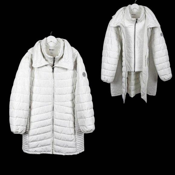 DKNY Built-in Vest Hooded Puffer Coat - Picture 1 of 16